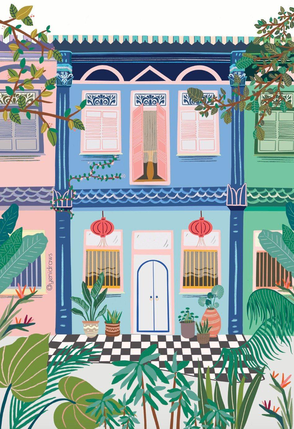 Postcard-Yenidraws-1. My Singapore My Home - Katong Shophouse-The Verdant Lab